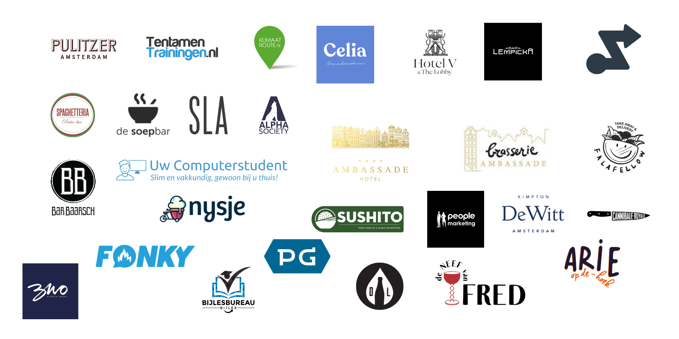 Pulitzer, Tentamentrainingen.nl, Klimaatroute, Spaghetteria, DeSoepbar, Sla, Alpha Society, Bar Baarsch, UwComputerstudent, Nijsje, Celia, Hotel V, Bar Lempicka, Hotel Ambassade, Brasserie Ambassade, Sushito, People Marketing & Kimpton DeWitt